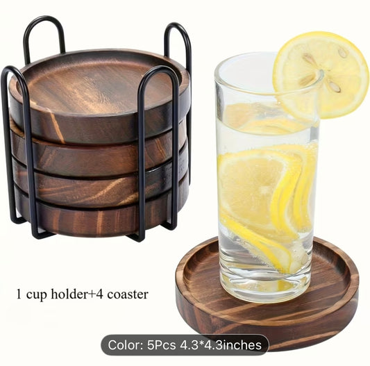 Natural Wood Drink Coasters Set with Holder